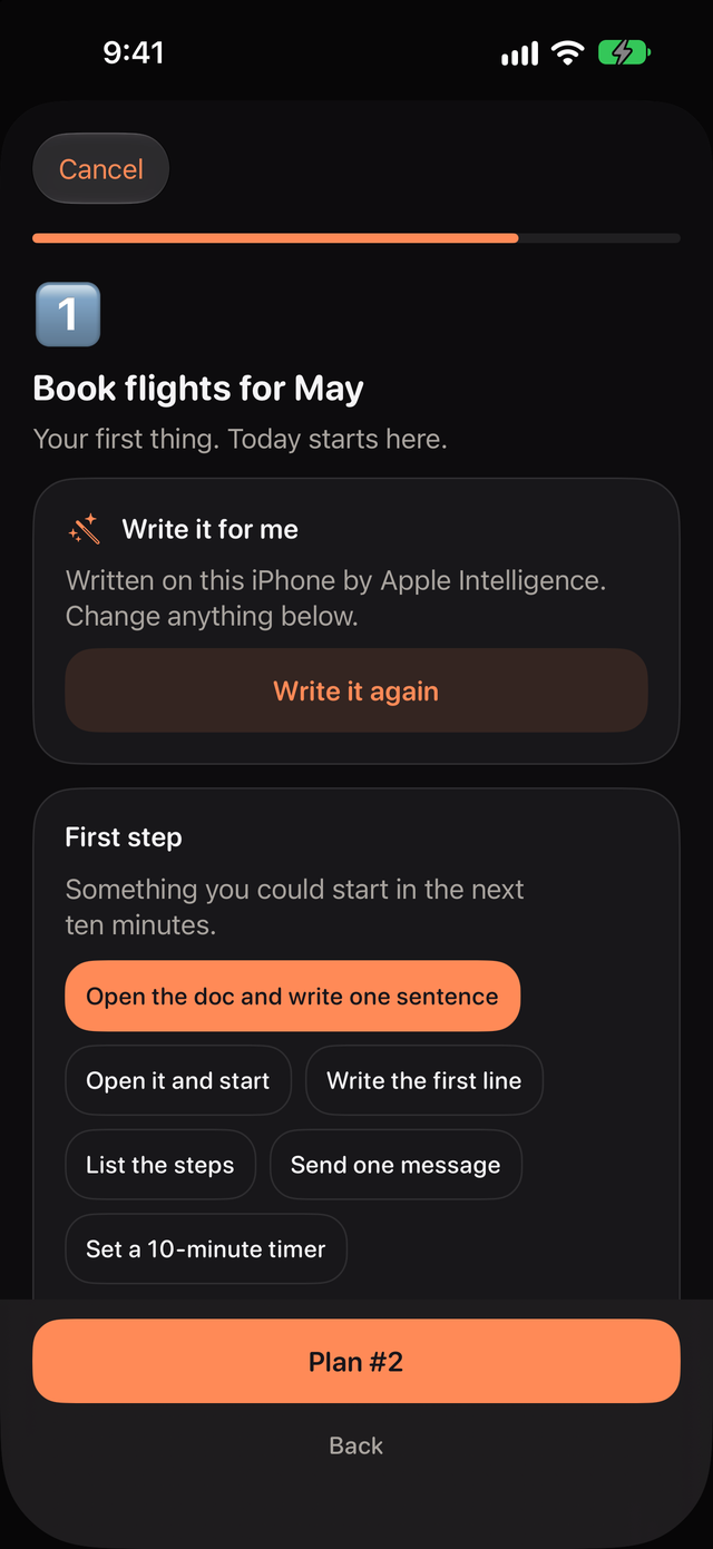 Plan screen in dark mode for Book flights for May, with a plan written by Apple Intelligence and suggested first steps to choose from