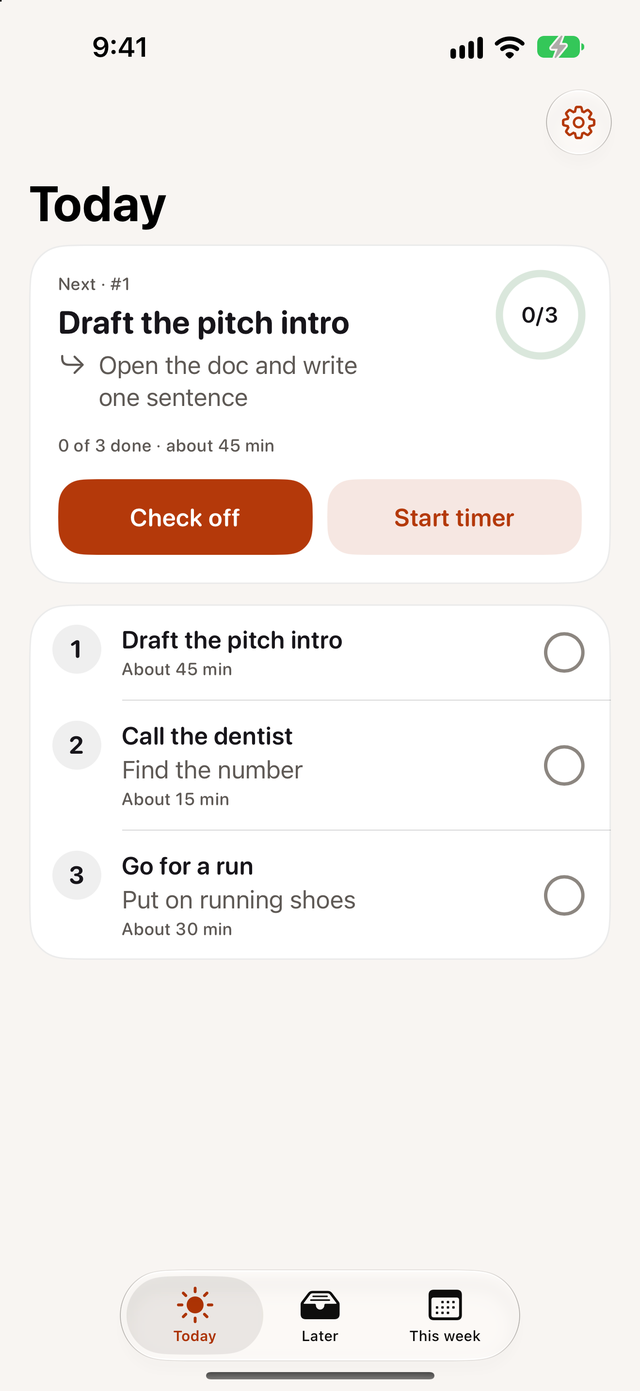 Only Three Today screen with Draft the pitch intro as the next thing, its first step, Check off and Start timer buttons and the three priorities below