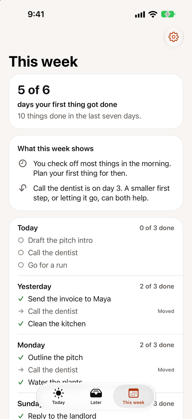 This week screen showing 5 of 6 days when the first thing got done, two insights and the last few days of finished things